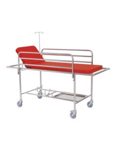 Carro camilla de urgencias y traslado, acero inox, barandillas abatibles, soporte suero, bandeja inferior