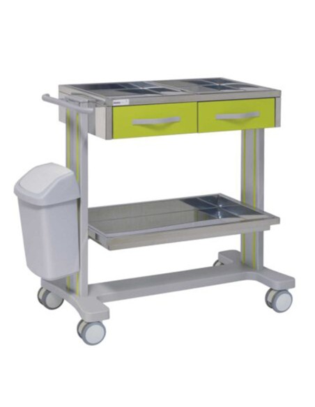 Carro hospitalario multifuncional, 2 cajones superiores, 2 bandejas extraíbles, 1 bandeja inferior, en acero inox. Carro hospitalario multifuncional, 2 cajones superiores, 2 bandejas extraíbles, 1 bandeja inferior, en acero inox.