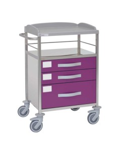 Carro hospitalario multifuncional, acero inox., 3 cajones inferiores, entrepaño, empujador
