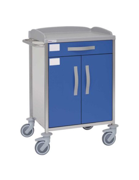 Carro hospitalario multifuncional, acero inox., 1 cajón superior, armario inferior con puertas, empujador Carro hospitalario multifuncional, acero inox., 1 cajón superior, armario inferior con puertas, empujador