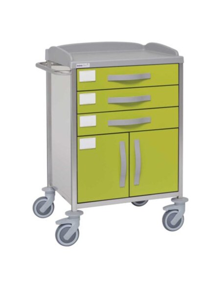 Carro hospitalario multifuncional, acero inox., 3 cajones superiores, armario inferior con puertas, empujador Carro hospitalario multifuncional, acero inox., 3 cajones superiores, armario inferior con puertas, empujador