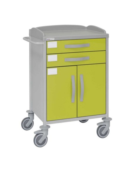 Carro hospitalario multifuncional, acero pintado, 2 cajones superiores, armario inferior con puertas, empujador Carro hospitalario multifuncional, acero pintado, 2 cajones superiores, armario inferior con puertas, empujador