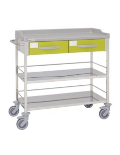 Carro hospitalario multifuncional, acero inox., 2 cajones superiores, entrepaños, empujador