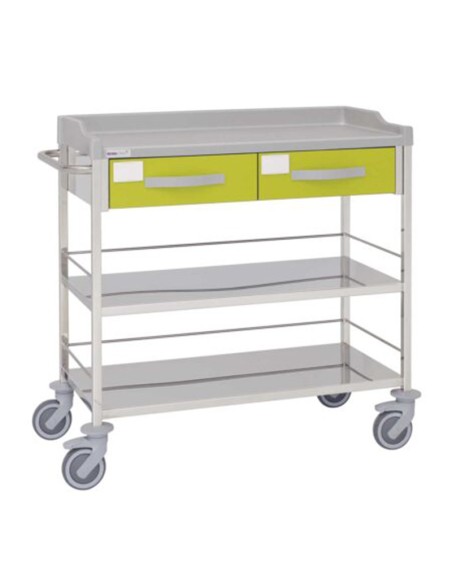Carro hospitalario multifuncional, acero inox., 2 cajones superiores, entrepaños, empujador Carro hospitalario multifuncional, acero inox., 2 cajones superiores, entrepaños, empujador