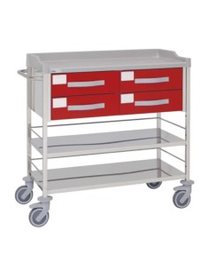 Carro hospitalario multifuncional, acero inox., 4 cajones superiores, entrepaños, empujador
