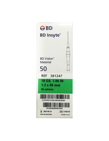 Cateter BD Insyte 18 GA 1,3 x 48 mm (verde), 50 ud.