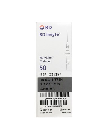 Cateter BD Insyte 16 GA 1,7 x 45 mm (gris), 50 ud.
