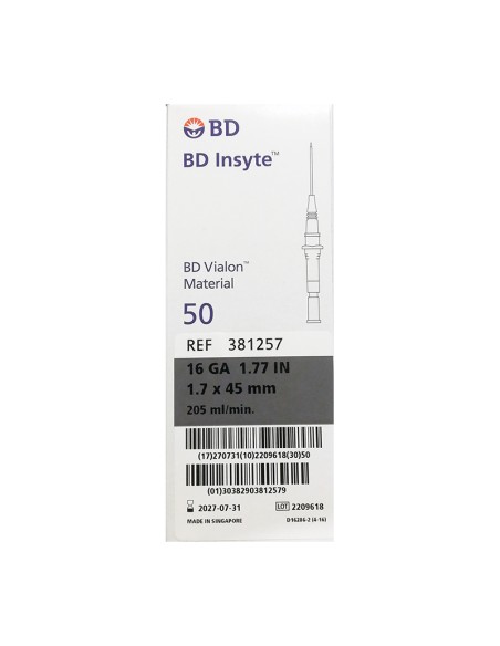 Cateter BD Insyte 16 GA 1,7 x 45 mm (gris), 50 ud. Cateter BD Insyte 16 GA 1,7 x 45 mm (gris), 50 ud.