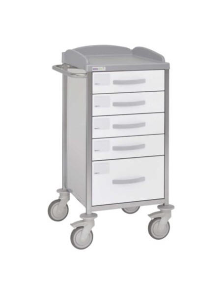 Carro hospitalario multifuncional, acero inox., 5 cajones, empujador Carro hospitalario multifuncional, acero inox., 5 cajones, empujador