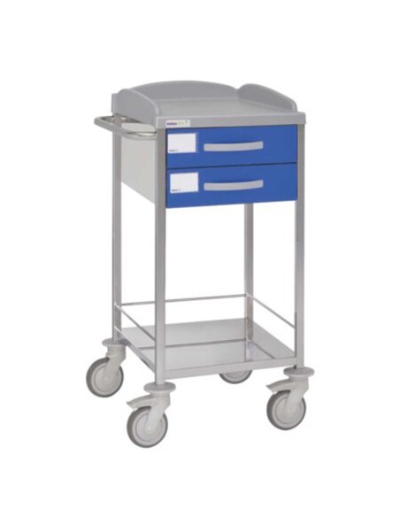 Carro hospitalario multifuncional, acero inox., 2 cajones superiores, entrepaño inferior, empujador Carro hospitalario multifuncional, acero inox., 2 cajones superiores, entrepaño inferior, empujador