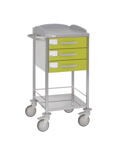 Carro hospitalario multifuncional, acero inox., 3 cajones superiores, entrepaño inferior, empujador Carro hospitalario multifuncional, acero inox., 3 cajones superiores, entrepaño inferior, empujador
