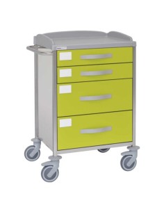 Carro hospitalario multifuncional, acero inox., 4 cajones, empujador