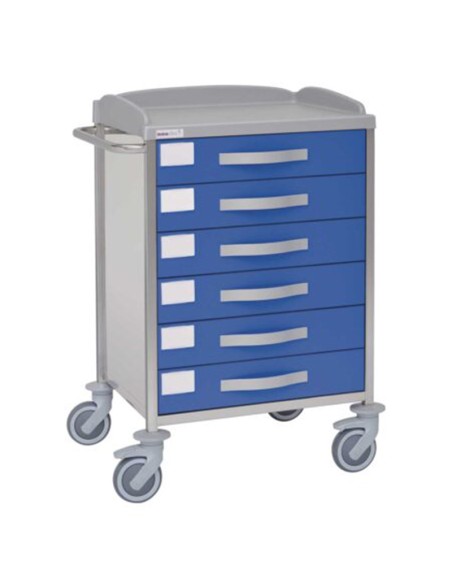 Carro hospitalario multifuncional, acero inox., 6 cajones, empujador Carro hospitalario multifuncional, acero inox., 6 cajones, empujador