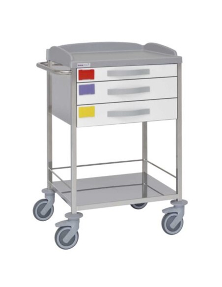 Carro hospitalario multifuncional, acero inox., 3 cajones, 3 cestas, empujador Carro hospitalario multifuncional, acero inox., 3 cajones, 3 cestas, empujador
