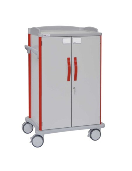 Carro multifuncional, 2 puertas abatibles con cerradura, panel con guías para cestas o estantes, empujador Carro multifuncional, 2 puertas abatibles con cerradura, panel con guías para cestas o estantes, empujador