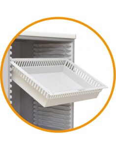 Carro multifuncional, 2 puertas abatibles con cerradura, panel con guías para cestas o estantes, empujador 2