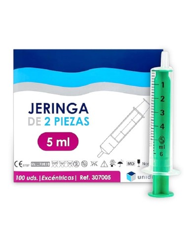 Jeringa 2 cuerpos Cono Luer Excéntrico 5ml., Caja 100 uds