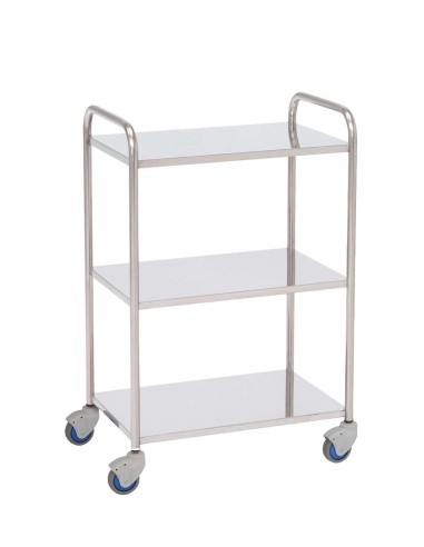 Mesa Auxiliar para especialidades médicas, acero inox, 3 entrepaños lisos, empujadores