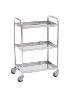 Mesa Auxiliar para especialidades médicas, acero inox, 3 entrepaños con reborde, empujadores