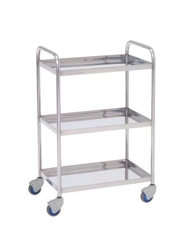 Mesa Auxiliar para especialidades médicas, acero inox, 3 entrepaños con reborde, empujadores