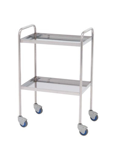 Mesa Auxiliar para especialidades médicas, acero inox, 2 entrepaños con reborde, empujadores