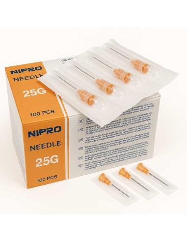 Aguja NIPRO 25G 0.5mm x 16mm 5/8" NARANJA, Caja 100 uds