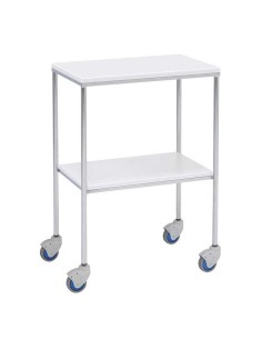 Mesa Auxiliar para especialidades médicas, acero cromado, entrepaño superior e inferior lisos en melamina