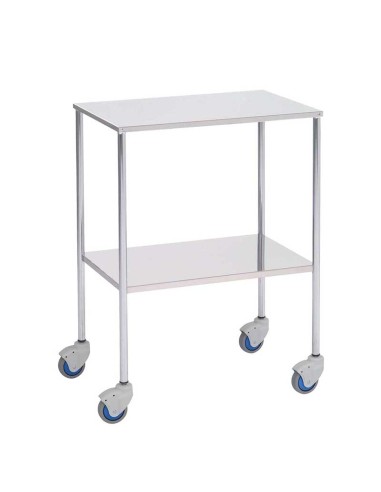 Mesa Auxiliar esp. médicas, acero cromado, entrepaño superior e inferior lisos en acero inox.