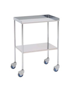 Mesa Auxiliar esp. médicas, acero cromado, entrepaño superior e inferior en acero inox, el superior con 3 lados