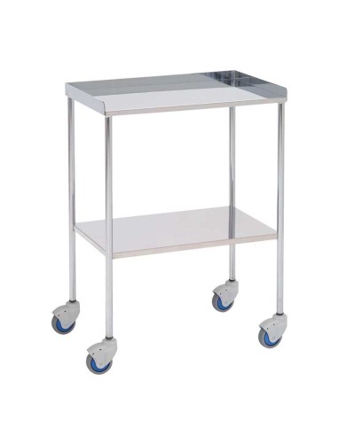 Mesa Auxiliar esp. médicas, acero cromado, entrepaño superior e inferior en acero inox, el superior con 3 lados