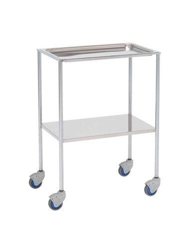 Mesa Auxiliar esp. médicas, acero cromado, bandeja superior extraible y entrepaño inferior liso en acero inox