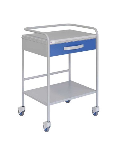 Mesa Auxiliar esp. médicas, acero pintado, entrepaño superior de malmina con barandilla, cajón superior