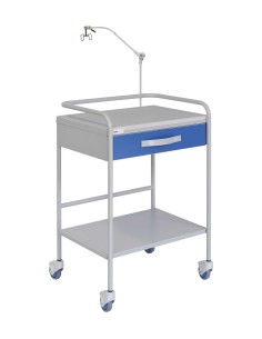 Mesa Auxiliar esp. médicas, acero pintado, entrepaño melamina, cajón superior, soporte guía para cables