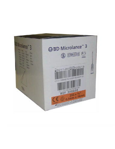 Aguja Hipodérmica Microlance 0,5 mm. x 16 mm. 25G.-5/8¨ (Naranja). Caja 100 uds.